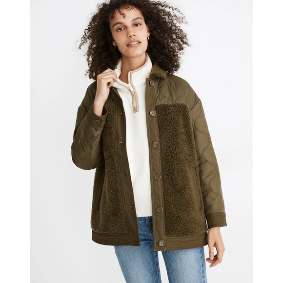 Madewell Women's Green Faux Sherpa Long Sleeve Quilted Hybrid Jacket Size L - Picture 1 of 7